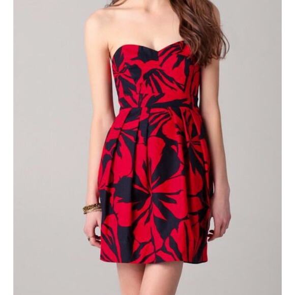 Shoshanna Mia Fiji Strapless Cocktail Dress Sz 4 Red Navy Palm - Picture 1 of 6